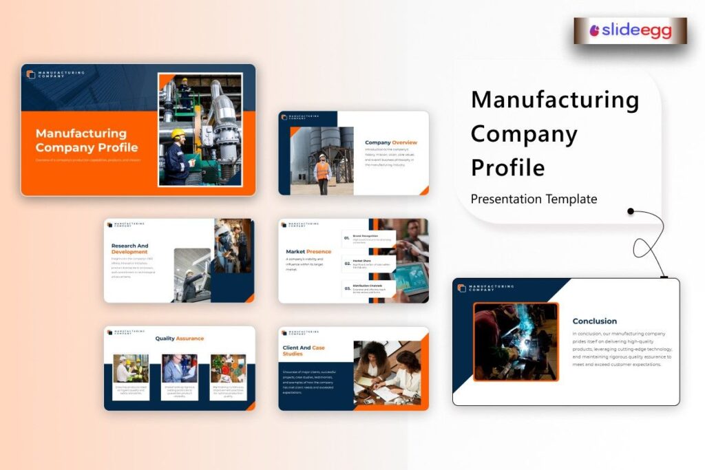 Manufacturing company profile template with sections on company overview, R&D, quality assurance, and market presence