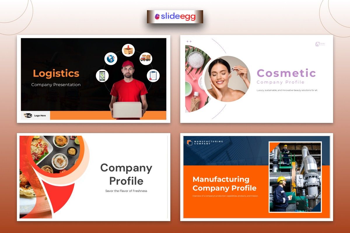 Company profile presentation examples for logistics, cosmetics, food, and manufacturing businesses.
