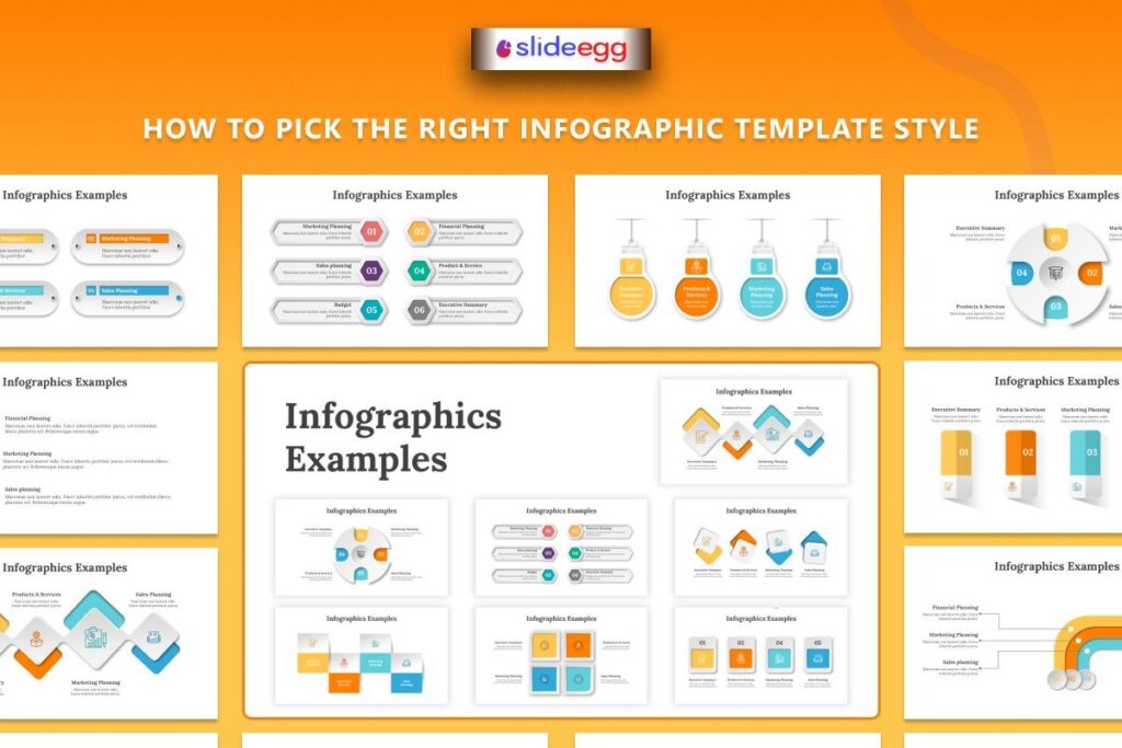 Infographic template style guide with multiple slide examples for branding, marketing, and audience presentations