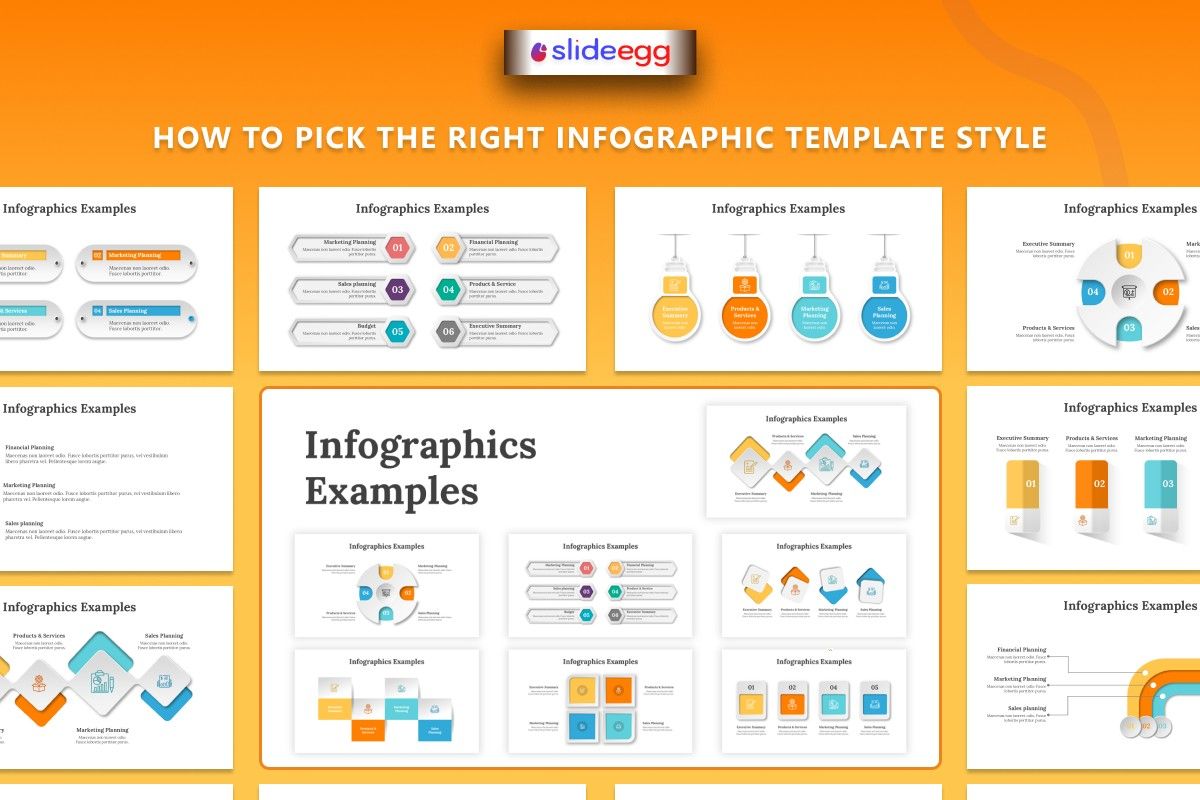 Infographic template style guide with multiple slide examples for branding, marketing, and audience presentations