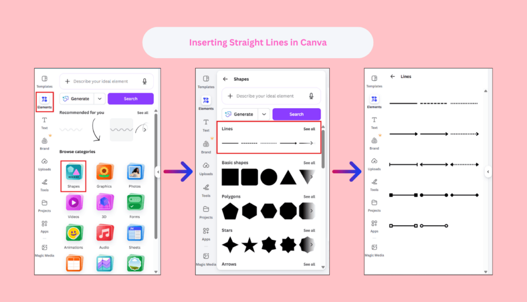Canva Elements panel showing line options for adding straight roadmap connectors