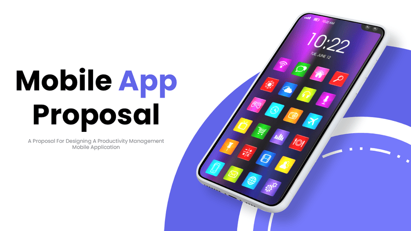 Mobile app proposal template with a smartphone showcasing a productivity management app.