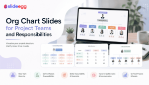 Org chart slides showing project roles, team hierarchy, responsibilities, and collaboration visuals