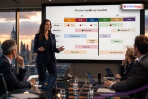 Presenter explaining a product roadmap template with quarterly releases and milestone timeline