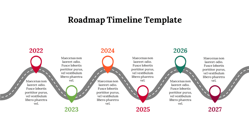 Roadmap timeline template with yearly milestones displayed on a curved journey path.