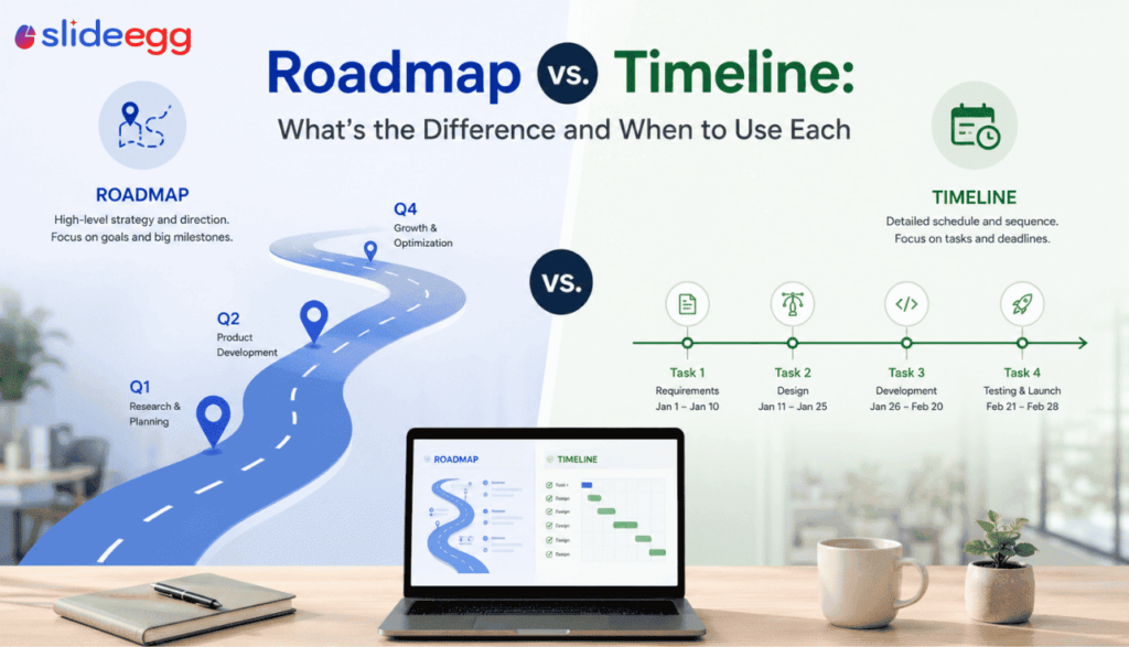 Roadmap vs timeline banner showing strategy planning and task scheduling in a modern workspace.