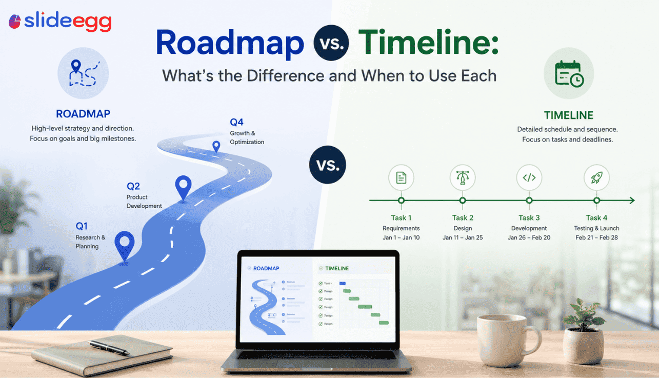 Roadmap vs timeline banner comparing strategy planning and project scheduling visually.