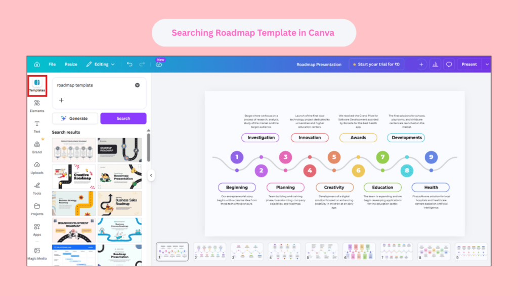 Canva editor showing roadmap template search results and selected roadmap presentation slide
