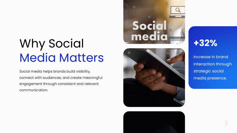 Social media proposal template with statistics and graphs emphasizing brand interaction.