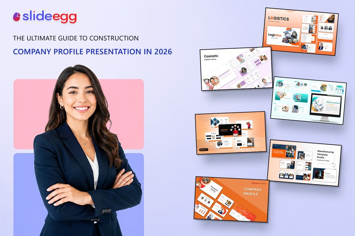 Businesswoman presenting the ultimate guide for creating construction company profiles in 2026, featuring various company presentation slides for logistics, cosmetics, and manufacturing industries.