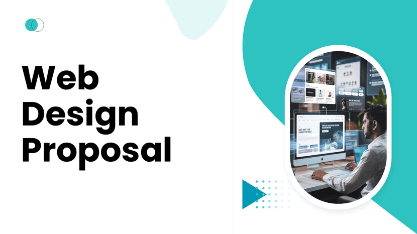 Web design proposal template showcasing modern websites and a professional web designer at work.
