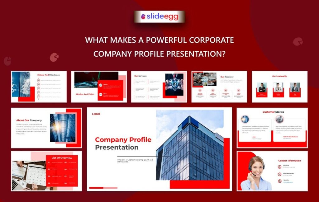 Corporate company profile presentation with services, leadership, history, customer stories, and contact info.