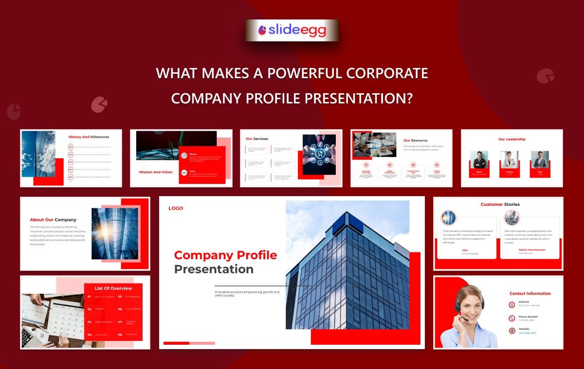 Corporate company profile presentation with services, leadership, history, customer stories, and contact info.