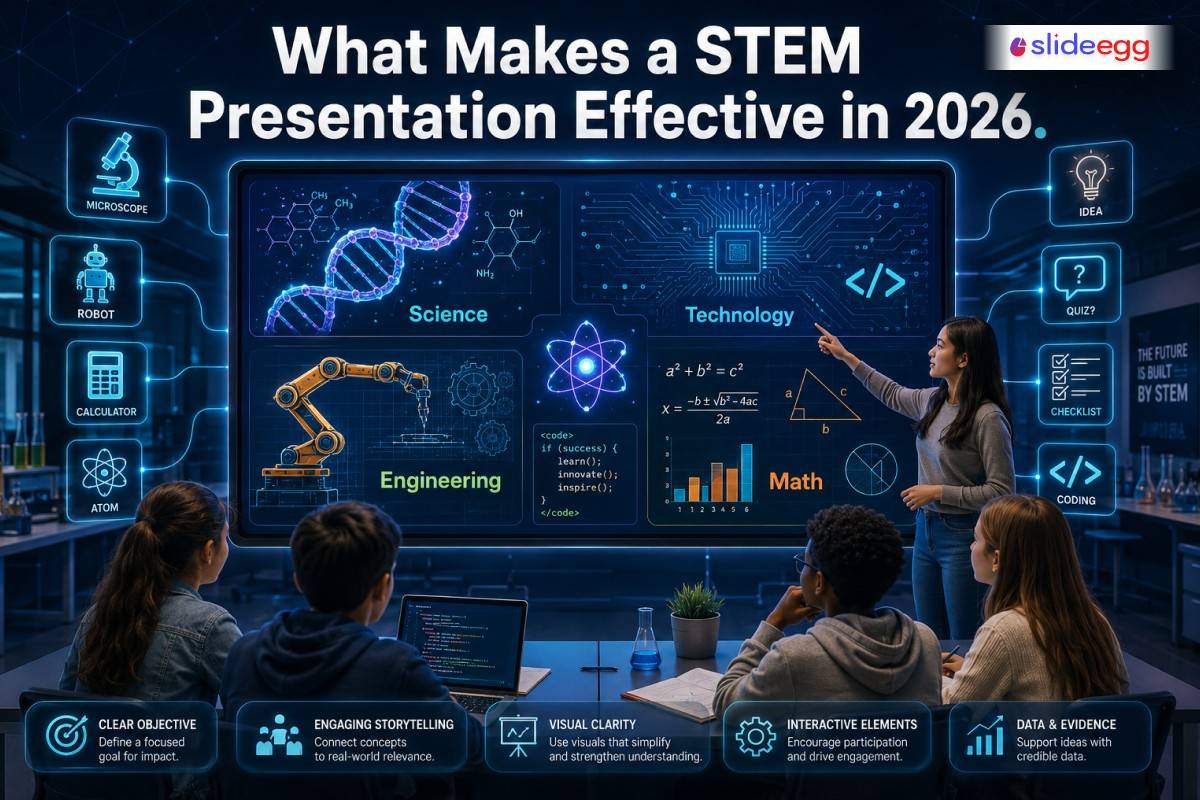 STEM education presentation showing science, technology, engineering, and math concepts in classroom learning.