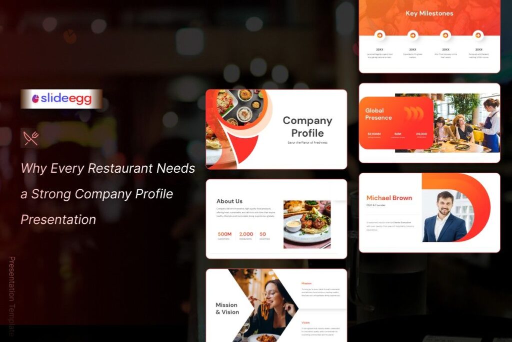 Restaurant company profile presentation with key milestones, global reach, and leadership introduction.