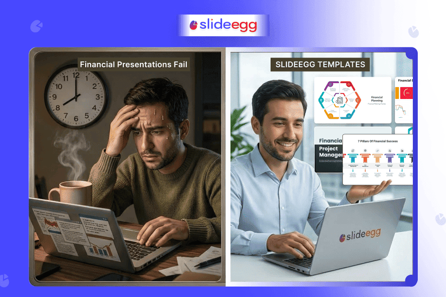 Side-by-side comparison of poor financial presentation design and professional finance slide templates.