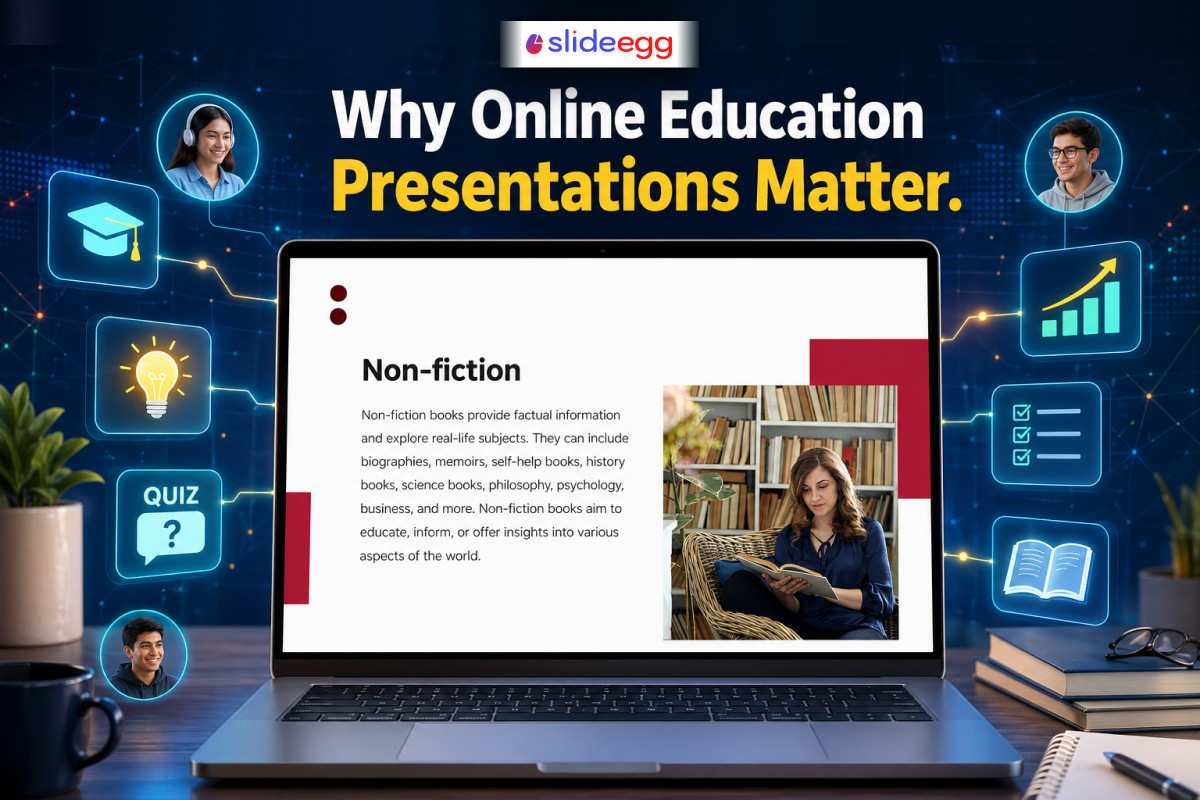 Online education presentation displayed on laptop with quiz, learning icons, and virtual student engagement.