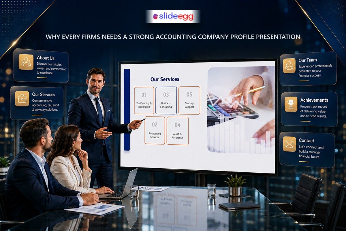 Professional accounting company profile presentation showcasing services and achievements.