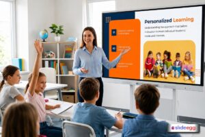 Teacher using personalized learning slide to engage students in classroom with pre-built education template