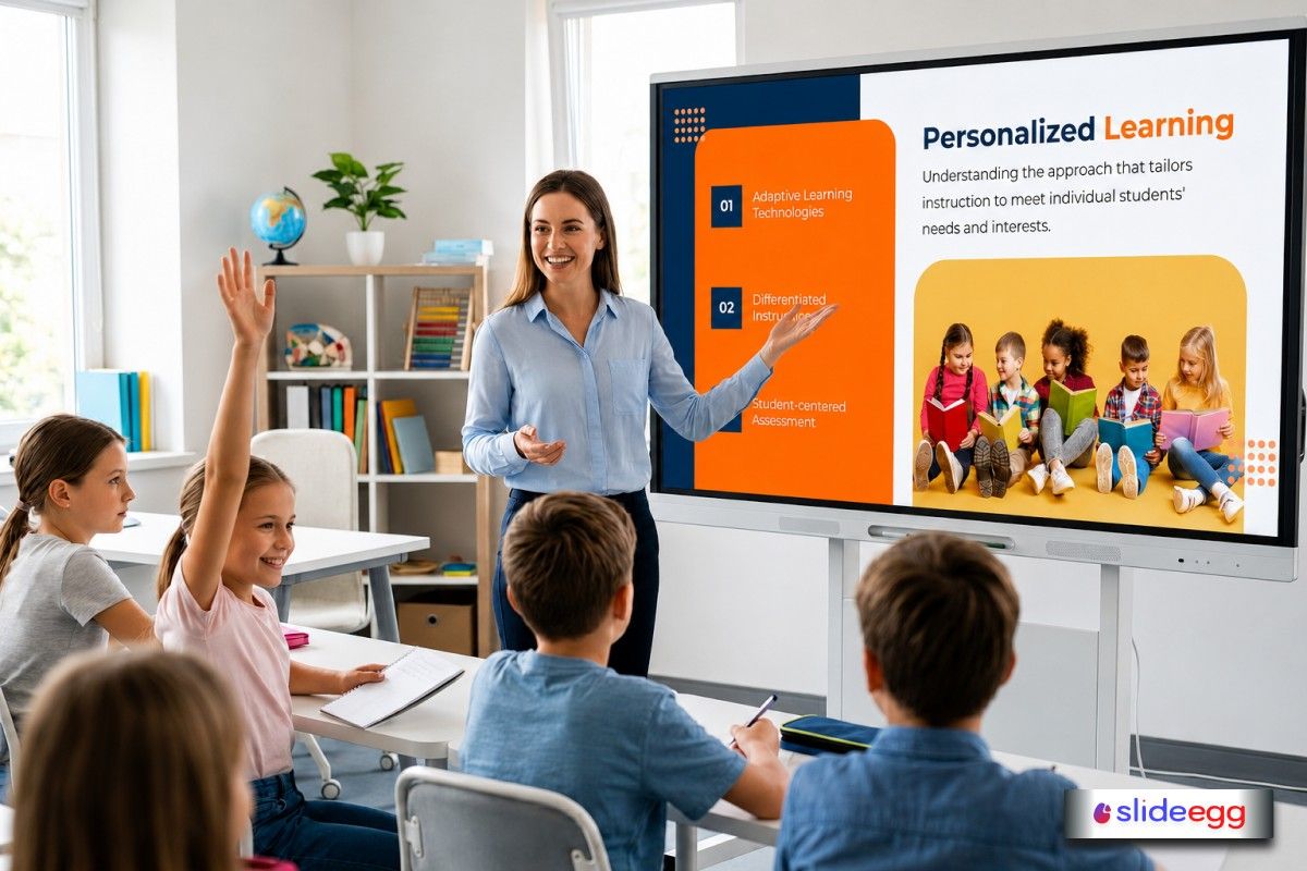 Teacher using personalized learning slide to engage students in classroom with pre-built education template
