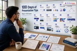 Person planning 100 days of presentation tips with slide cards, charts, notes and design resources