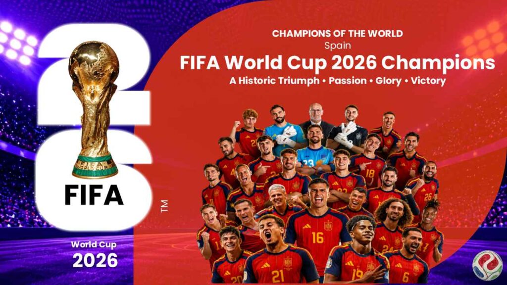 FIFA World Cup 2026 presentation template showing Spain champions, trophy, team celebration and victory theme.