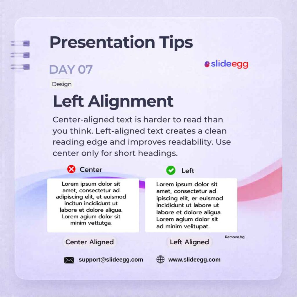 Poster explains why left-aligned text is easier to read than centered text blocks in presentation slides today