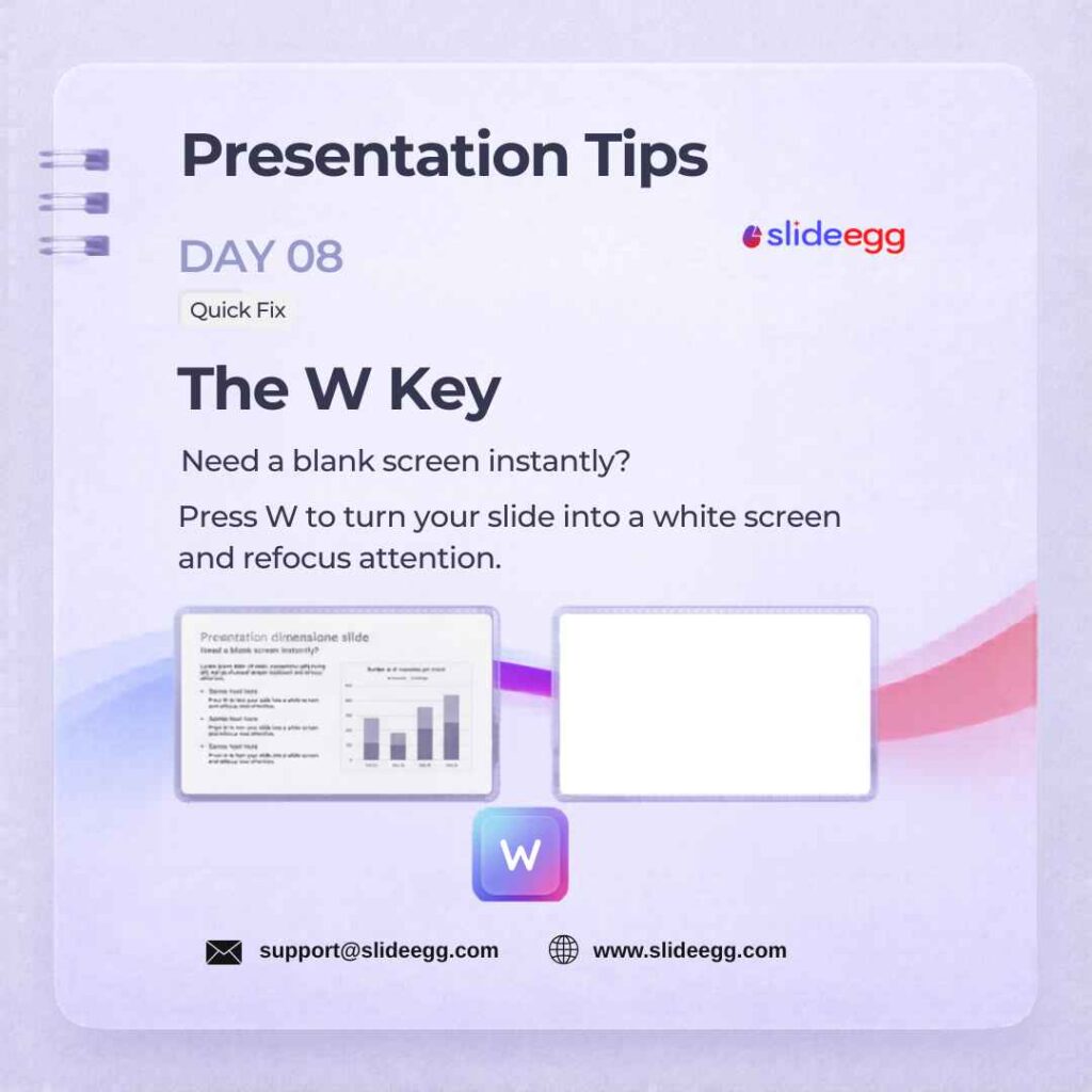 Presentation tip poster shows the W key shortcut turning a slide into a blank screen to refocus attention. now