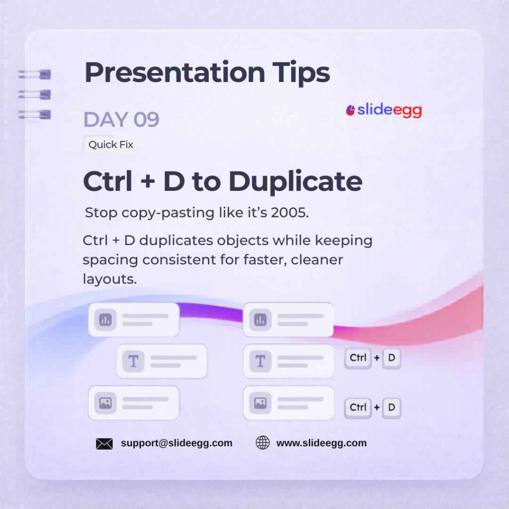 Presentation tip shows Ctrl + D duplicating slide objects with even spacing for faster, cleaner layouts today.