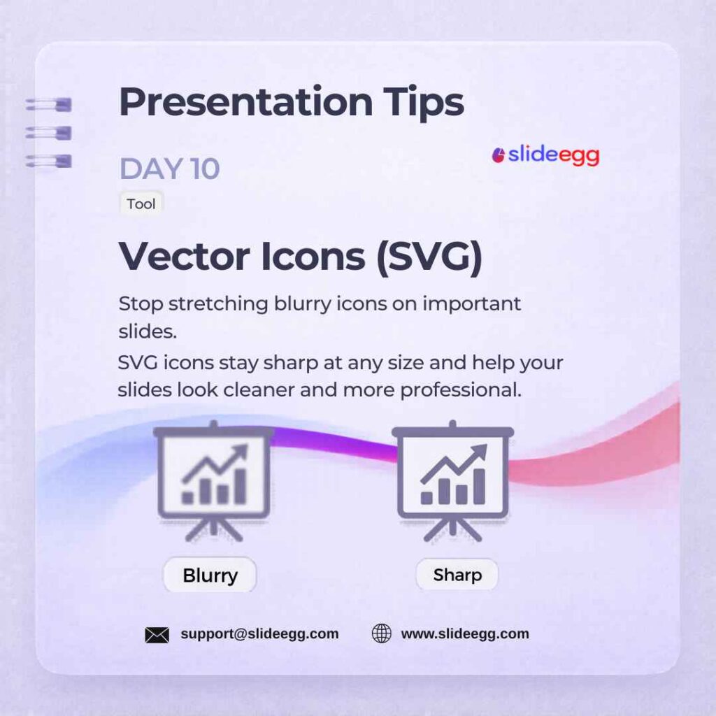 Presentation tip poster shows blurry versus sharp SVG icons, explaining why vector graphics keep slides clean.