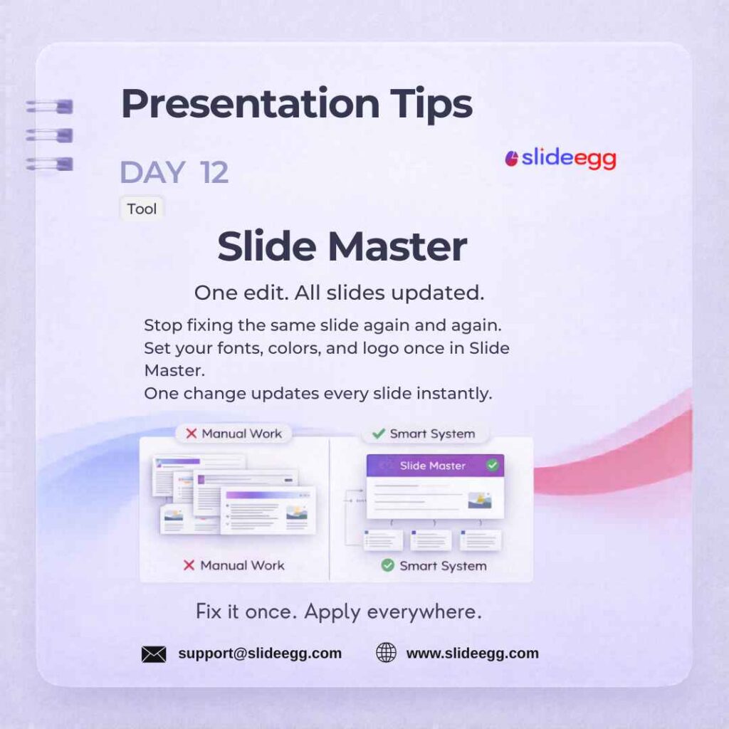 Presentation tip poster showing Slide Master edits fonts, colors, and logos once to update every slide faster.