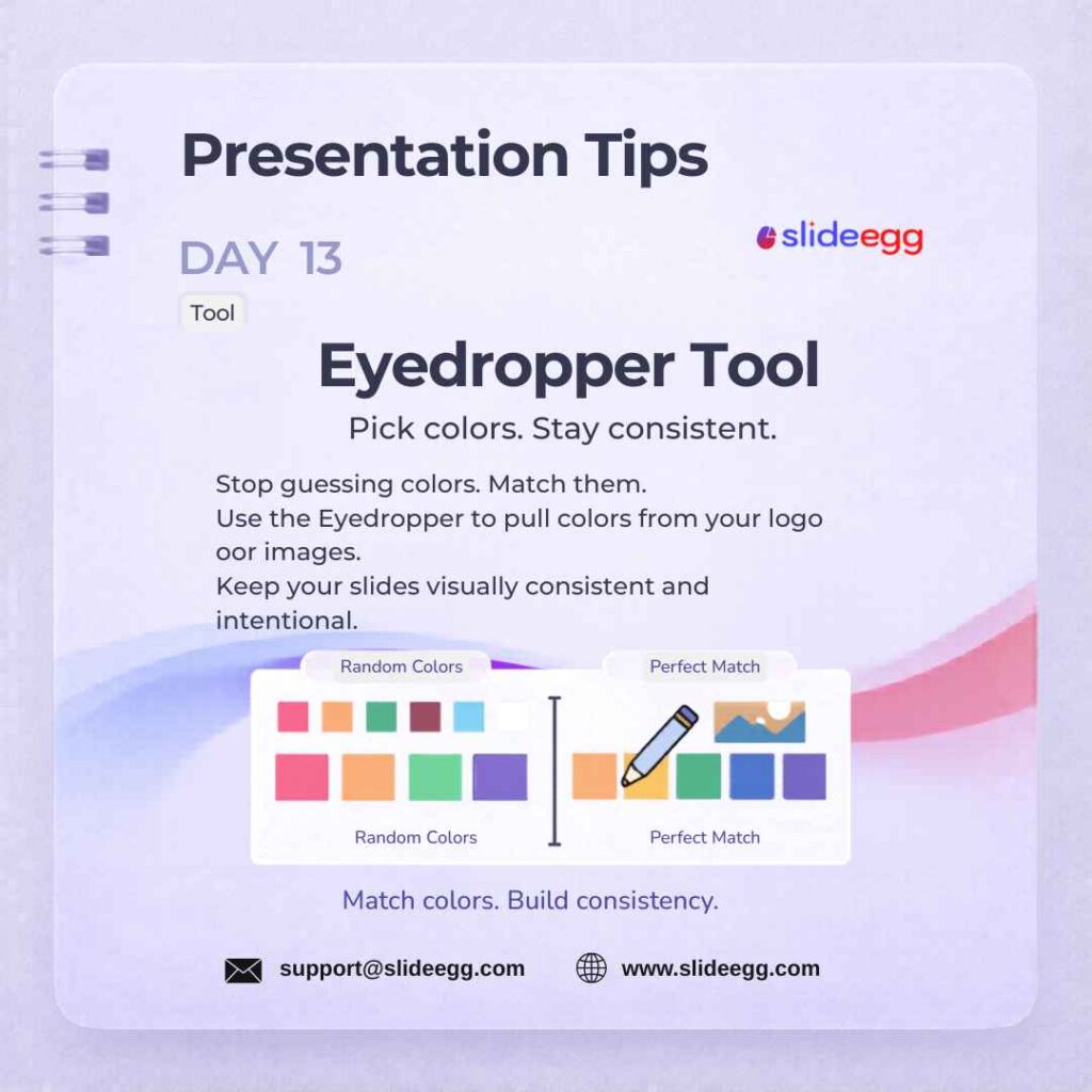 Design tip poster shows an eyedropper tool matching colors from logos or images for consistent slide layouts.
