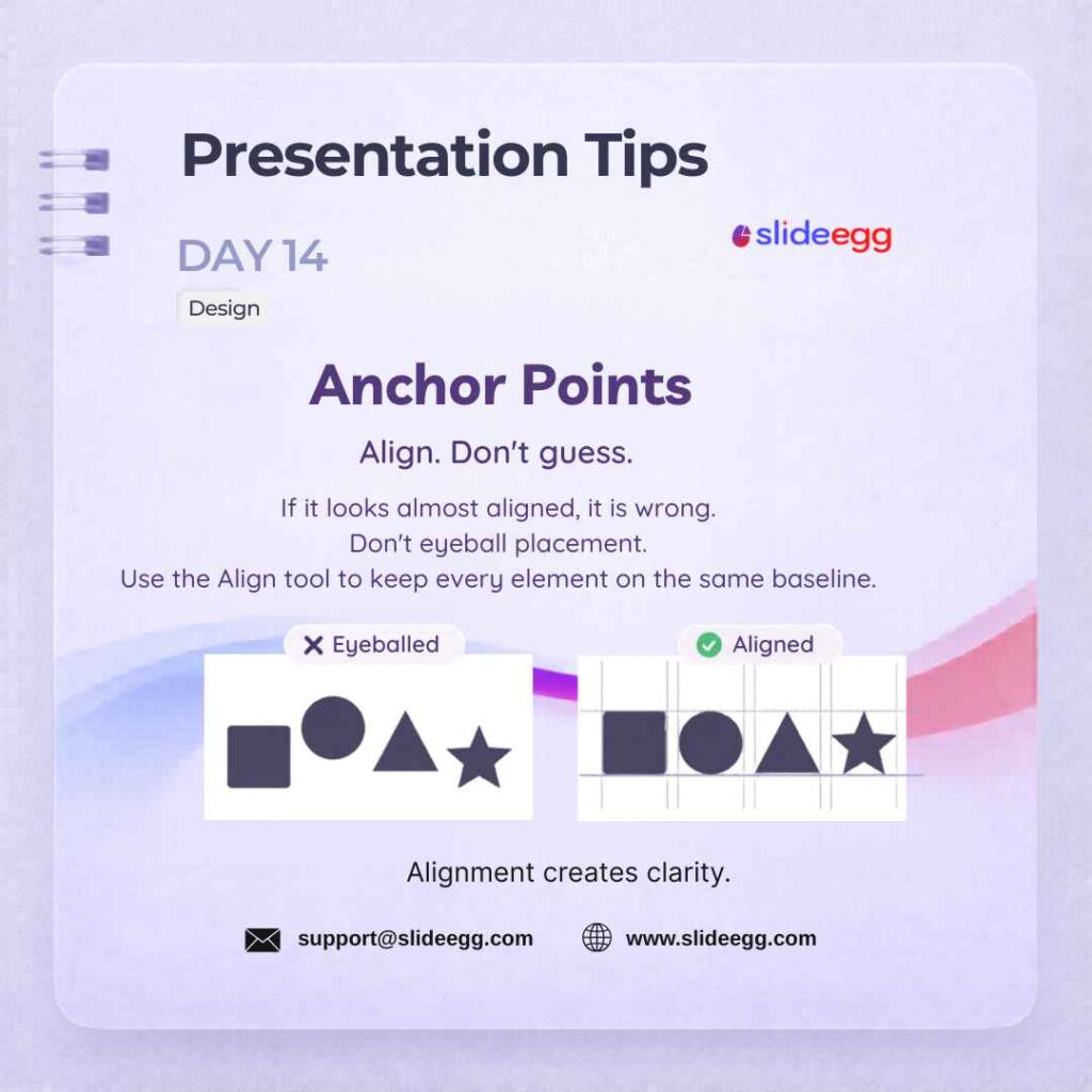 Design tip poster showing anchor points that align shapes to a baseline for cleaner and clearer slide designs.