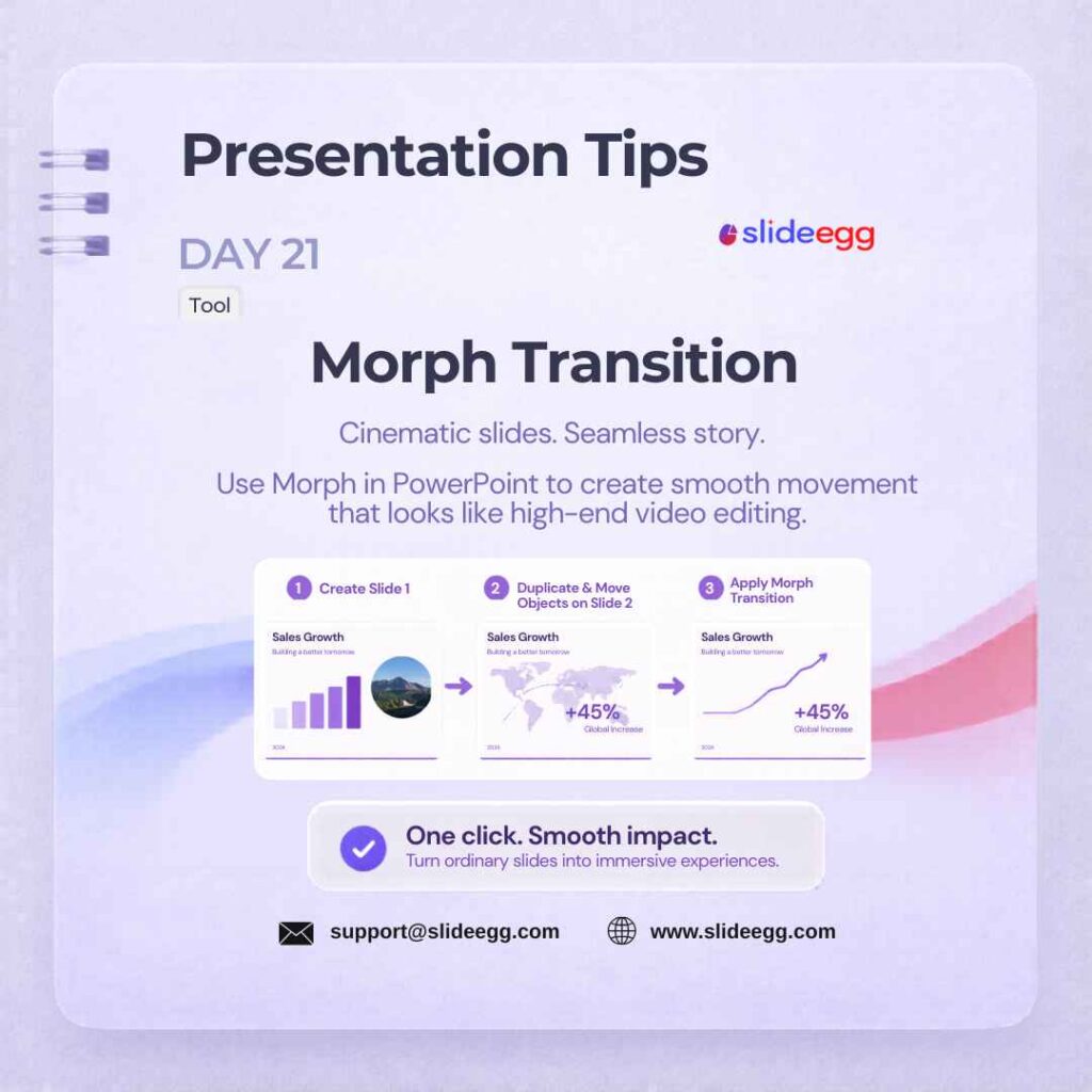 Presentation tip showing Morph transition creating smooth slide movement for a cinematic, seamless story flow.