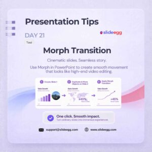 Presentation tip showing Morph transition creating smooth slide movement for a cinematic, seamless story flow.