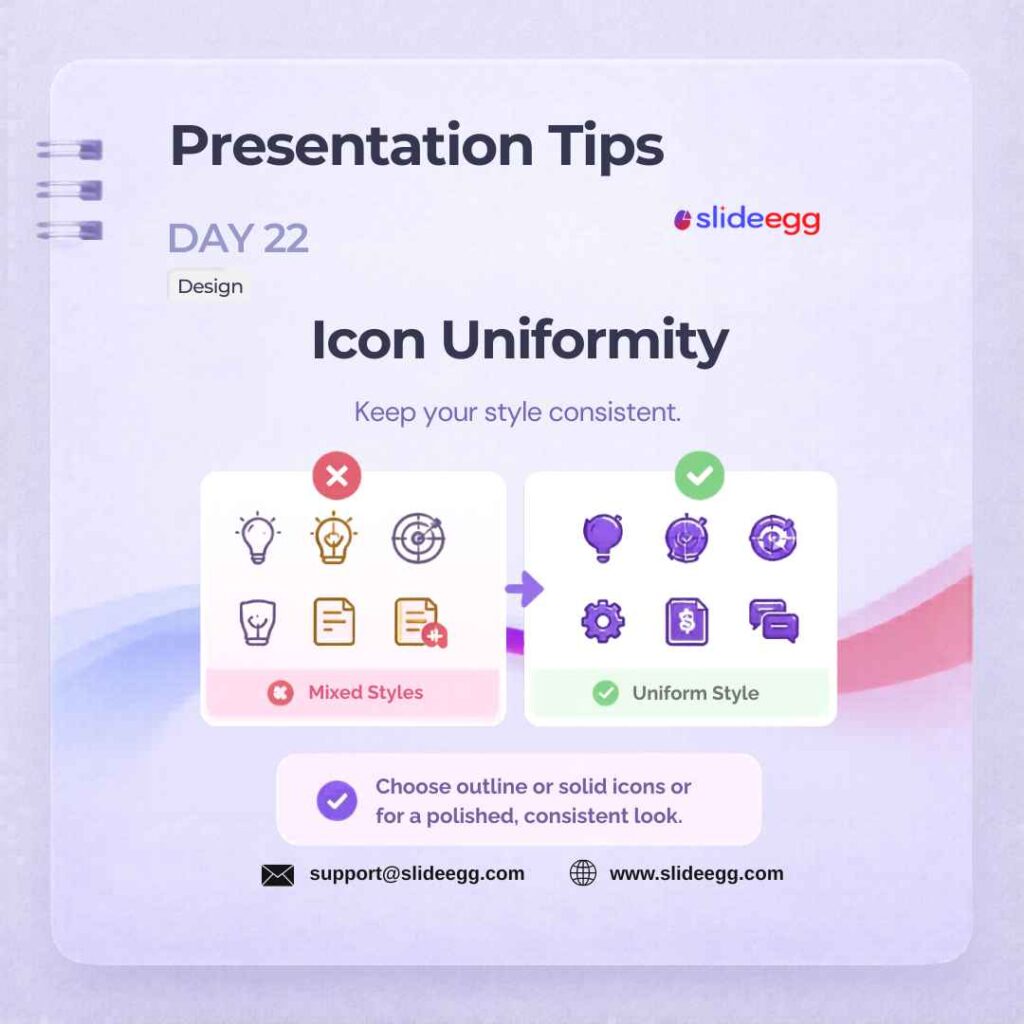 Design tip showing mixed icon styles replaced with uniform icons for a polished, consistent presentation look.