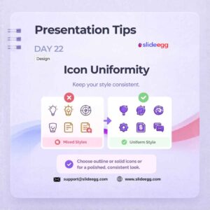 Design tip showing mixed icon styles replaced with uniform icons for a polished, consistent presentation look.