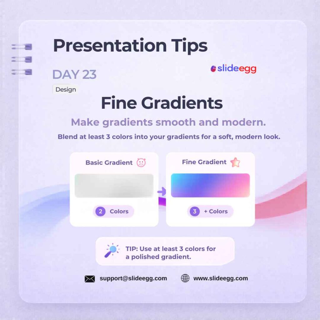 Design tip showing a smooth multi-color gradient replacing a flat basic gradient for a cleaner slide look now.