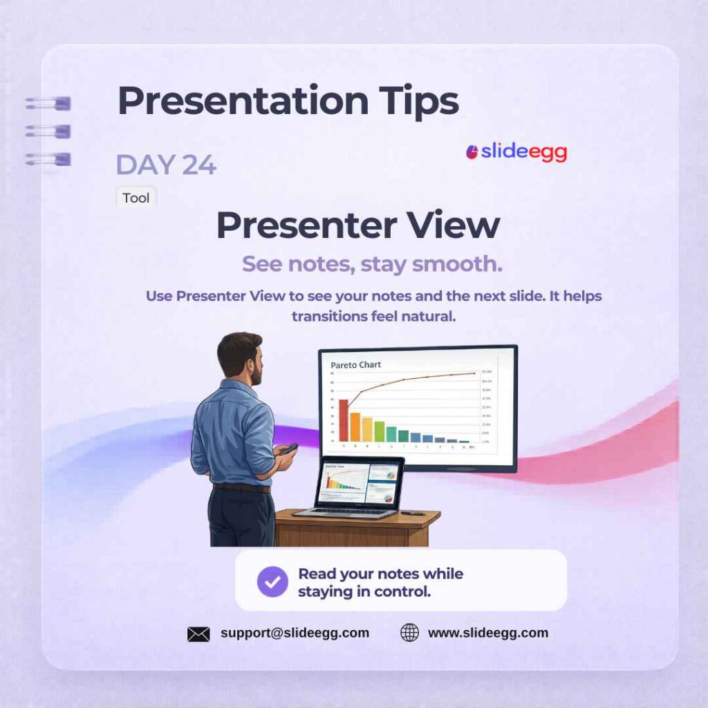 Presenter view tip showing speaker notes and next slide preview to help presentations feel smooth and natural.