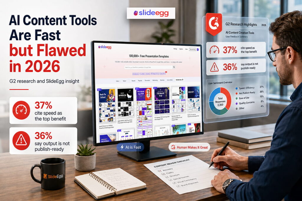 AI content tools research by G2 and SlideEgg highlighting AI content creation trends, speed, quality concerns, and human review insights