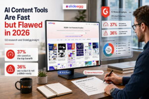 AI content tools research by G2 and SlideEgg highlighting AI content creation trends, speed, quality concerns, and human review insights