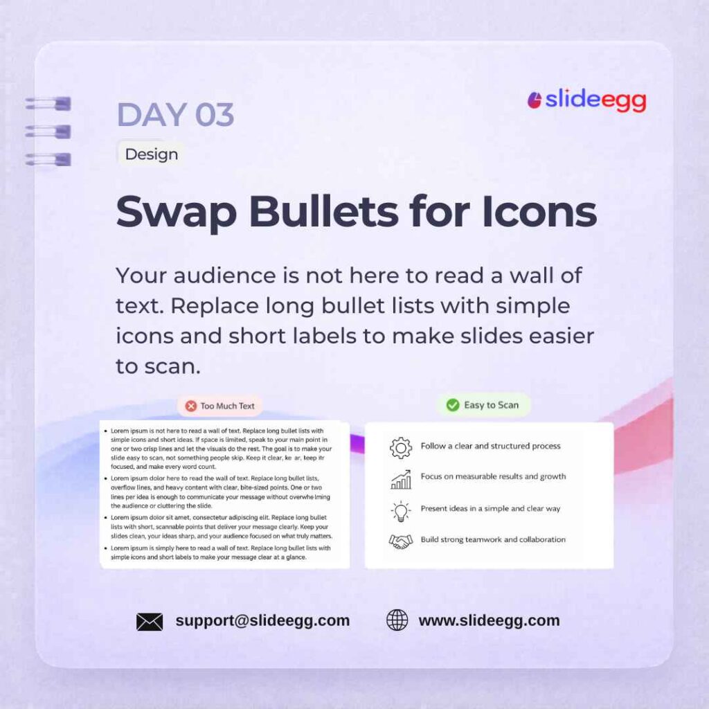 Design poster showing icons and short labels replacing long bullet lists to make slide content easier to scan.