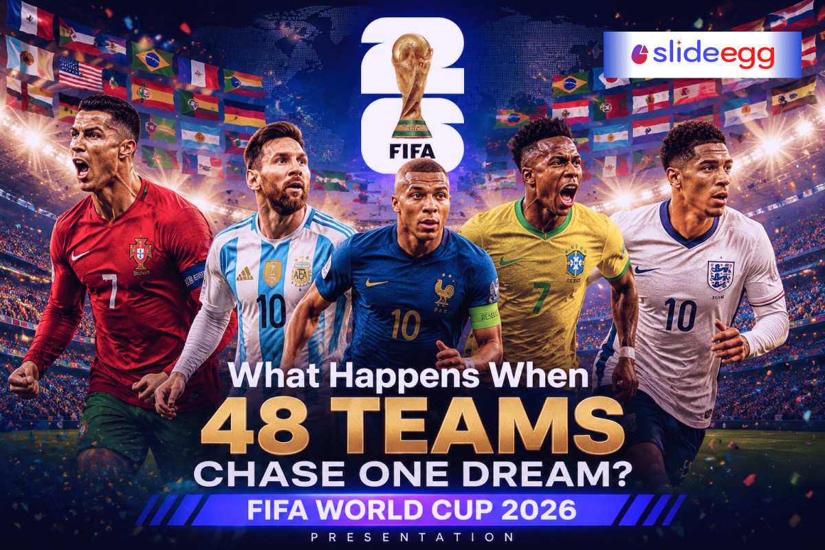 FIFA World Cup 2026 presentation cover with five football players, flags, trophy, and 48 teams headline design