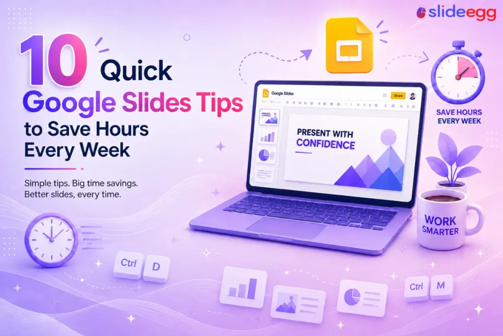 Laptop displaying Google Slides with time-saving tips, clock, and shortcut keys on a purple gradient desk setup.
