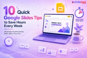 Laptop displaying Google Slides with time-saving tips, clock, and shortcut keys on a purple gradient desk setup.