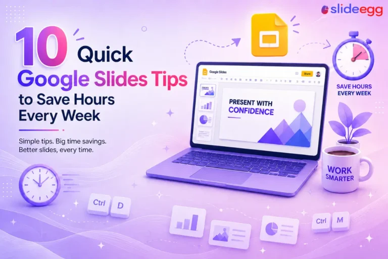 Laptop displaying Google Slides with time-saving tips, clock, and shortcut keys on a purple gradient desk setup.