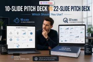Comparison image showing a man evaluating a 10-slide versus 22-slide pitch deck on laptops and documents.