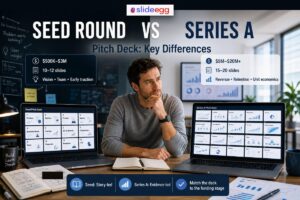Comparison image showing a man evaluating a Seed Round versus Series A pitch deck on laptops with notes and charts.