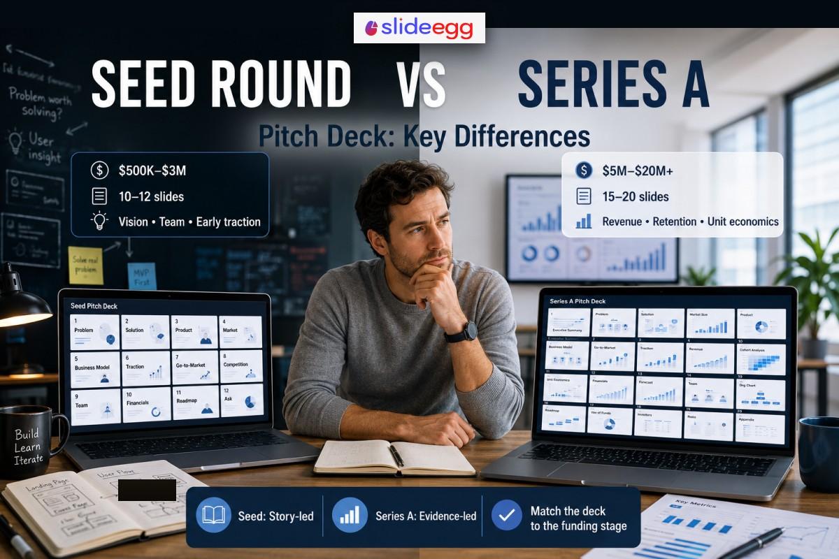 Comparison image showing a man evaluating a Seed Round versus Series A pitch deck on laptops with notes and charts.