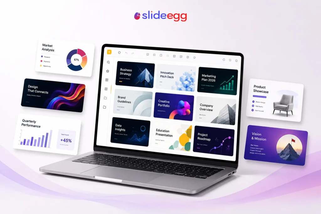 Laptop showcasing modern Google Slides themes for business, education, marketing, data, and creative projects.